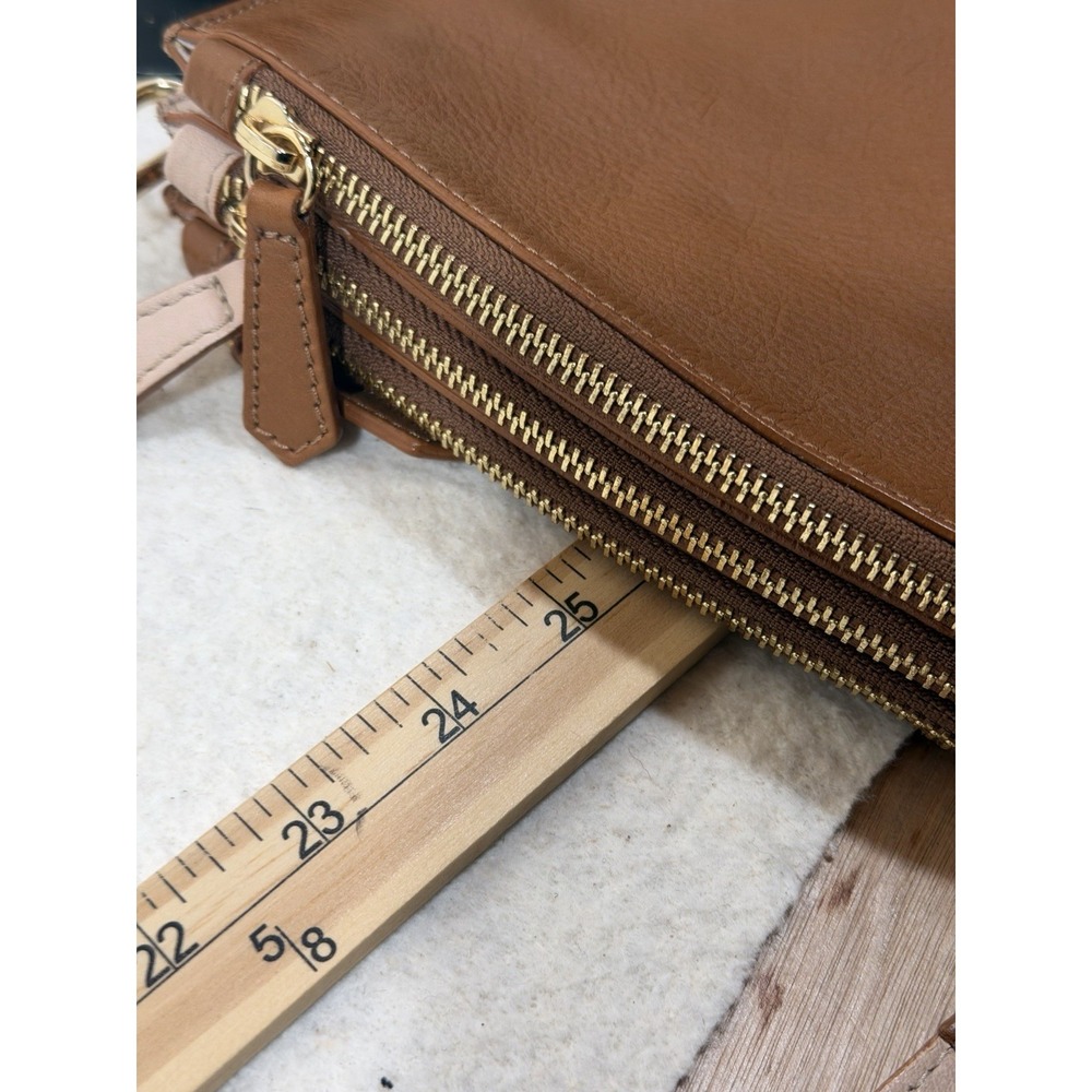 Elisabetta Yang Leather Crossbody Bag Brown Italian Double Zip Gold - Picture 15 of 16